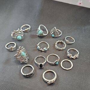 Lot of 15 Silver Tone and Faux Turquoise Rings